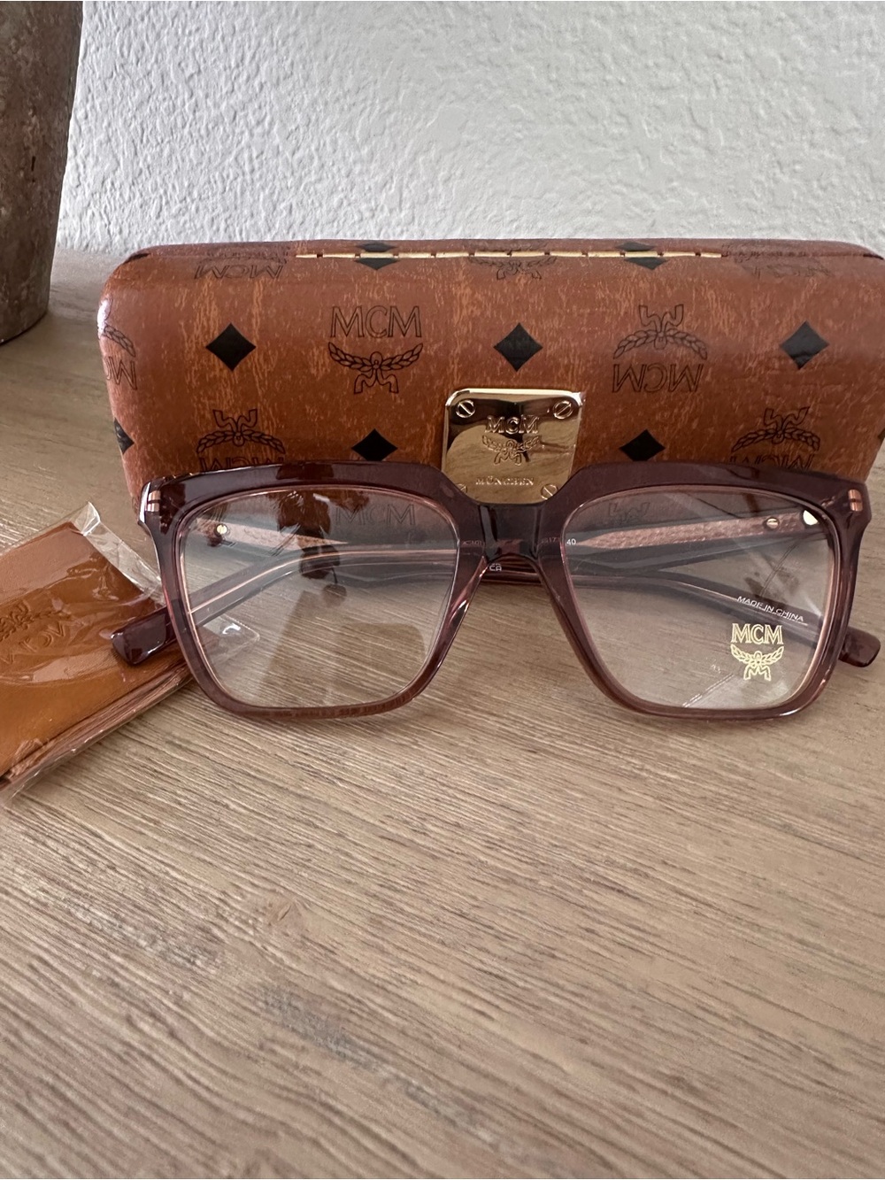 MCM Clear Brown Rectangle Acetate Women's Glasses with Gold Logo